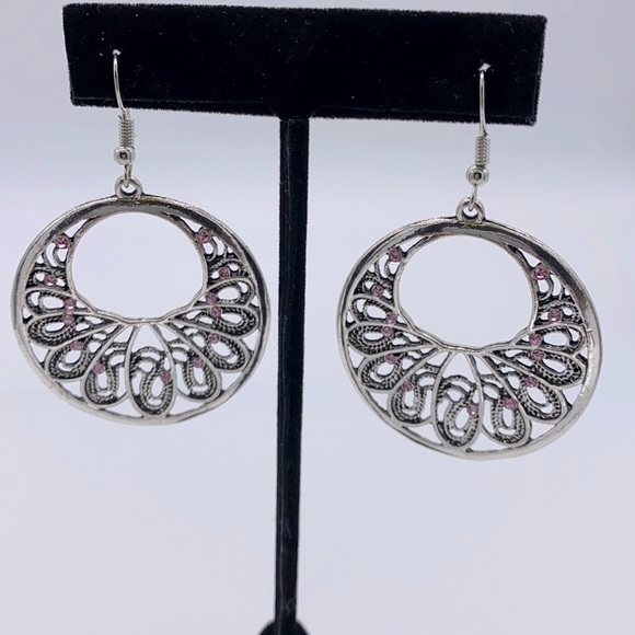 Jewelry - Silver Color Large Round Earrings + Pink Stones Pierced